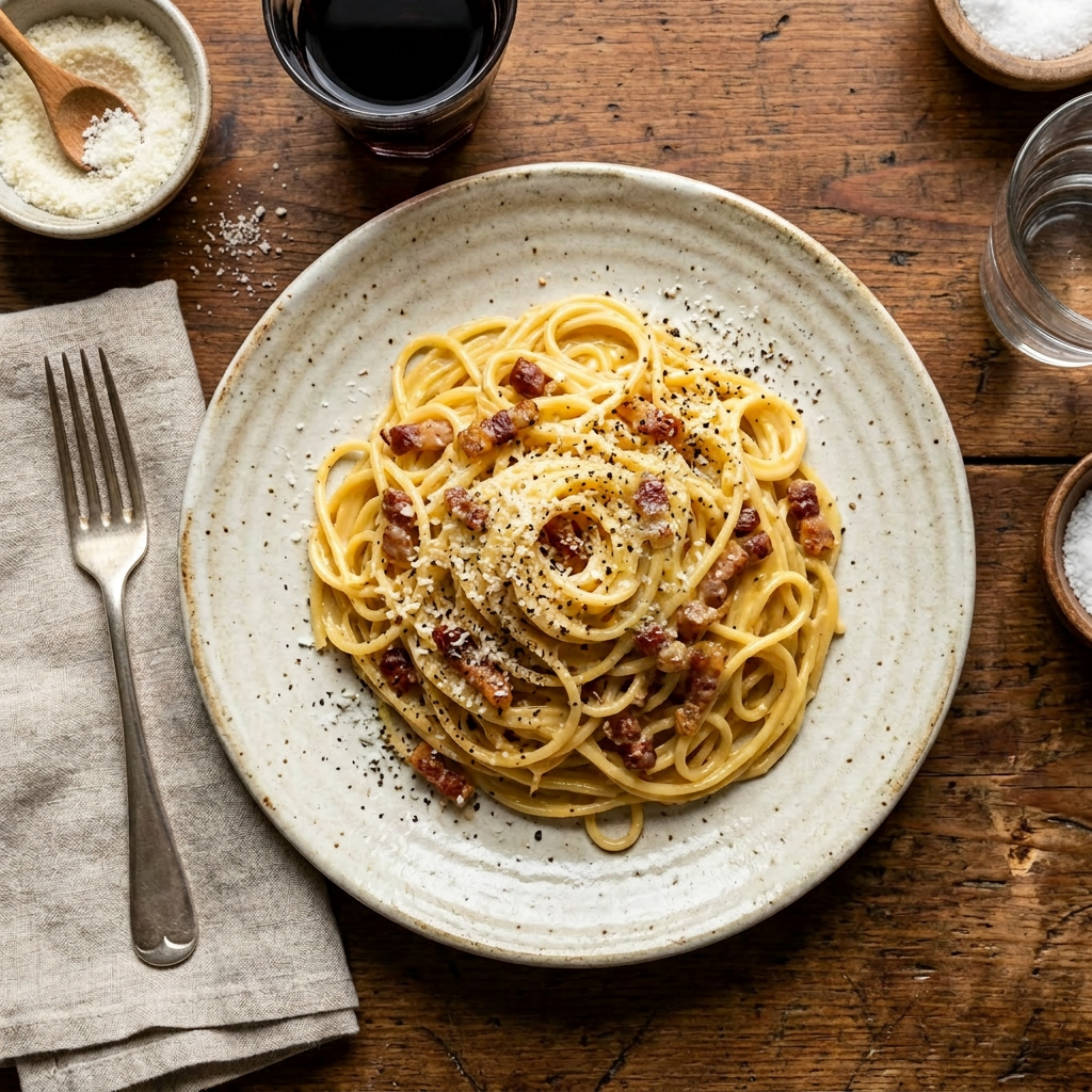 Spaghetti carbonara served on a rustic ceramic plate, topped with crispy pancetta, grated cheese, and freshly ground black pepper. The plate is set on a wooden table with a fork resting on a beige linen napkin to the left. Nearby, there is a small bowl of grated cheese with a wooden spoon, a glass of dark beverage, a glass of water, and small bowls containing salt.