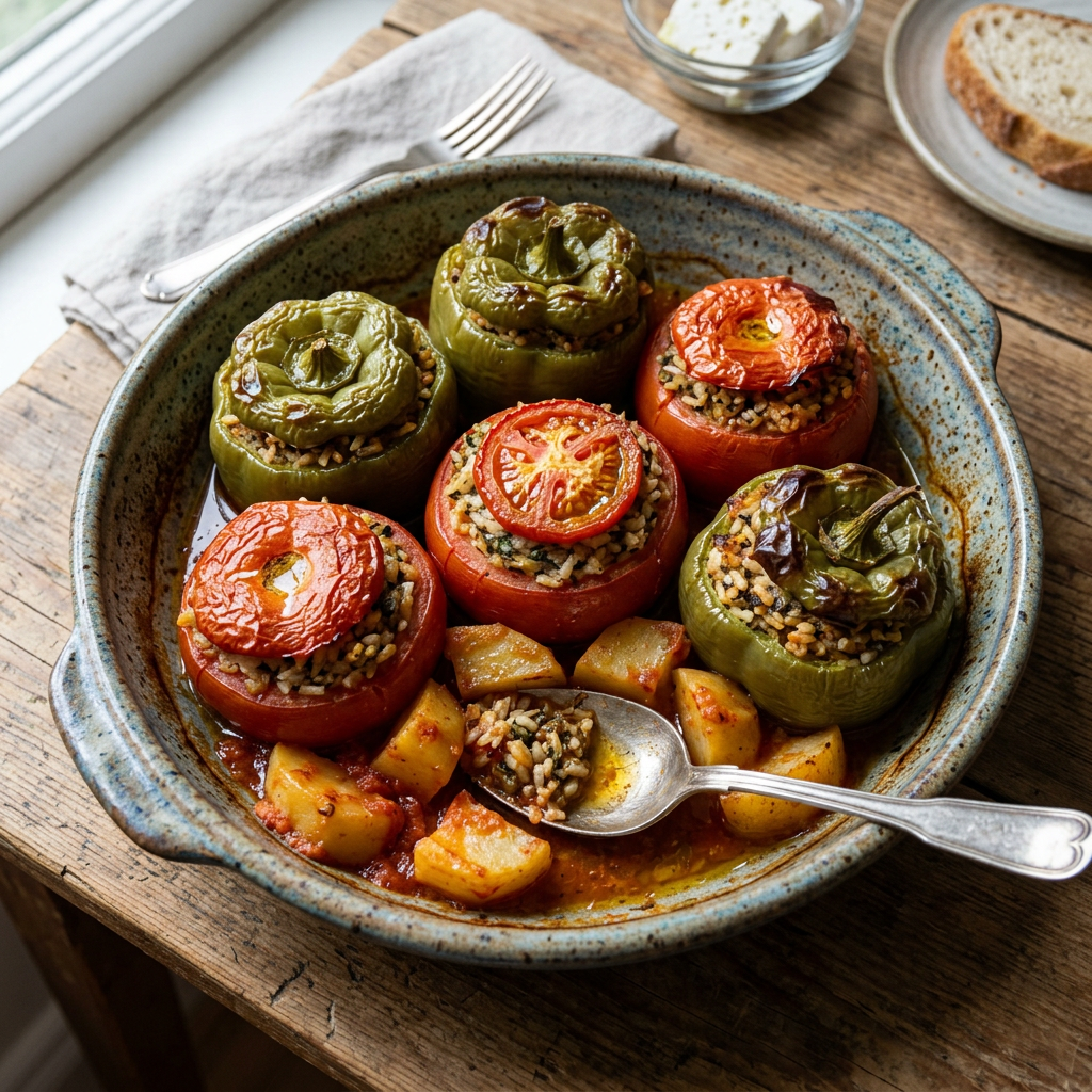 Baked green peppers and tomatoes stuffed with rice and herbs in a ceramic dish