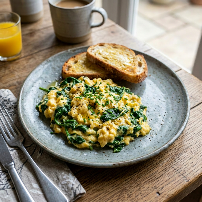 Scrambled eggs mixed with spinach, two slices of toasted bread, and roasted cherry tomatoes on a ceramic plate