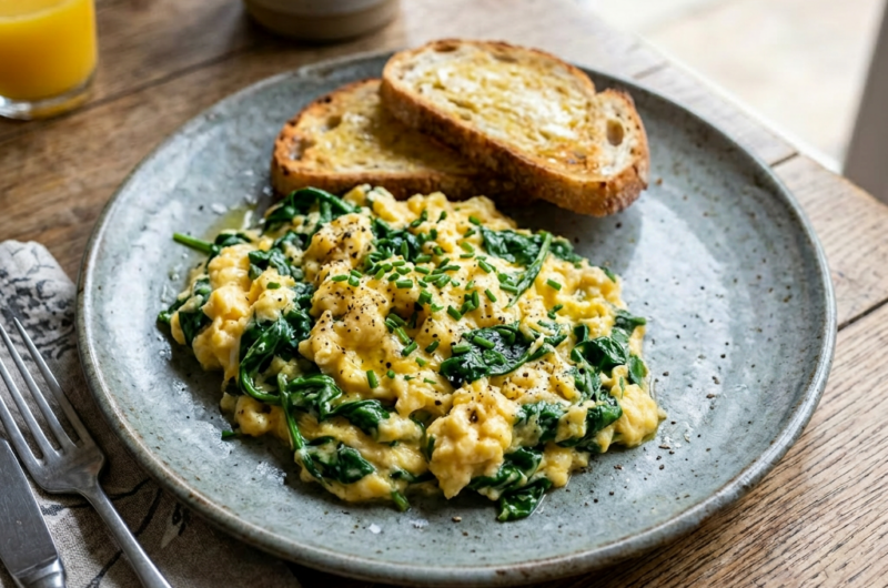 Scrambled eggs mixed with spinach, two slices of toasted bread, and roasted cherry tomatoes on a ceramic plate