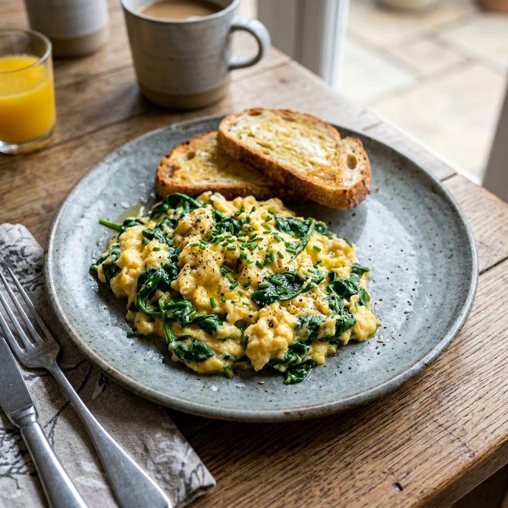Scrambled eggs mixed with spinach, two slices of toasted bread, and roasted cherry tomatoes on a ceramic plate