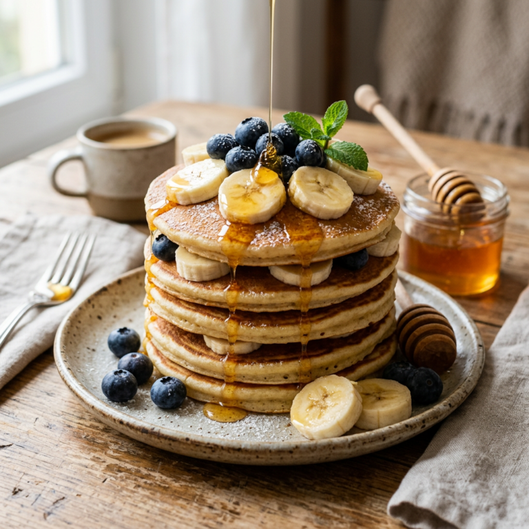 Στοίβα pancakes με μπανάνα, μύρτιλα και μέλι