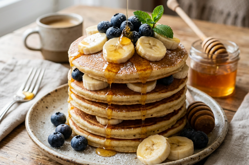 Στοίβα pancakes με μπανάνα, μύρτιλα και μέλι